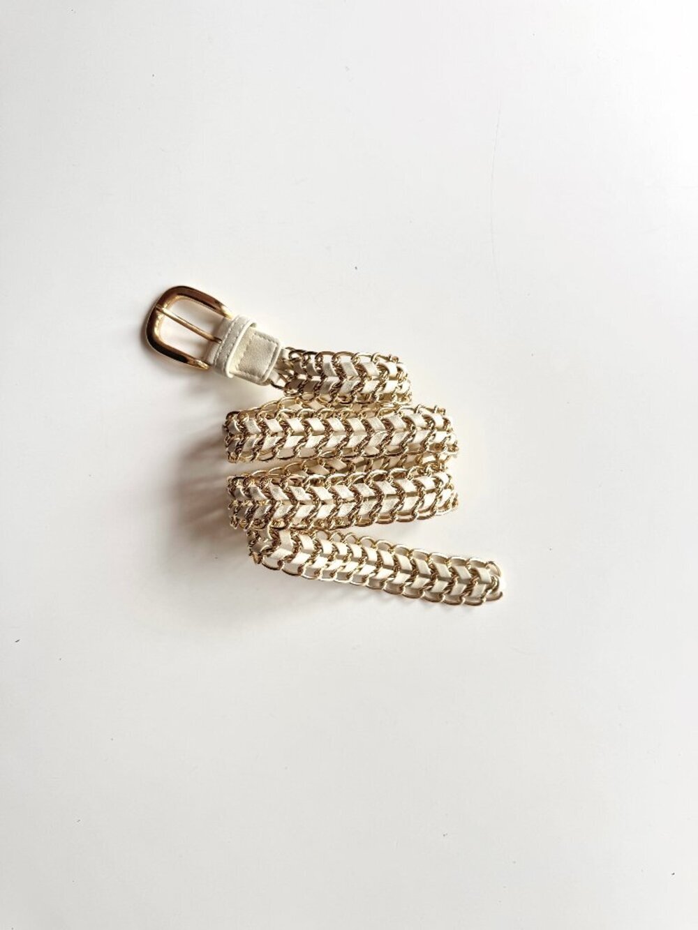 Vintage Unbranded White Leather Braided Gold Chain Belt, One Size